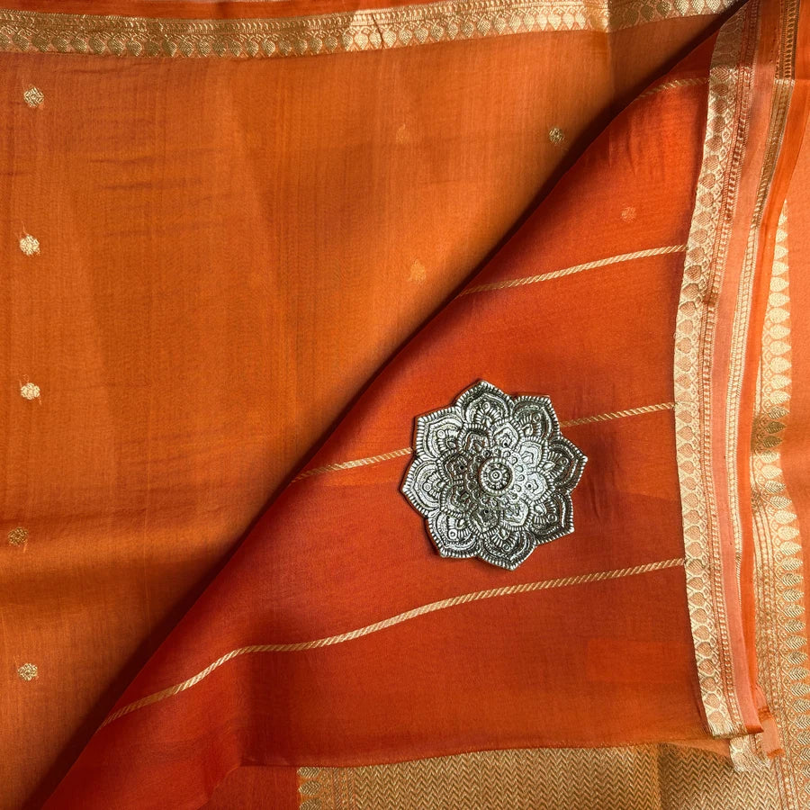 Pure Handwoven Kora Silk Banarasi Kadhwa Saree – Orange & Rust Orange