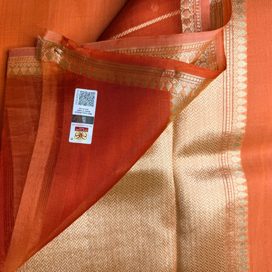 Pure Handwoven Kora Silk Banarasi Kadhwa Saree – Orange & Rust Orange