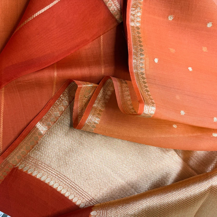 Pure Handwoven Kora Silk Banarasi Kadhwa Saree – Orange & Rust Orange