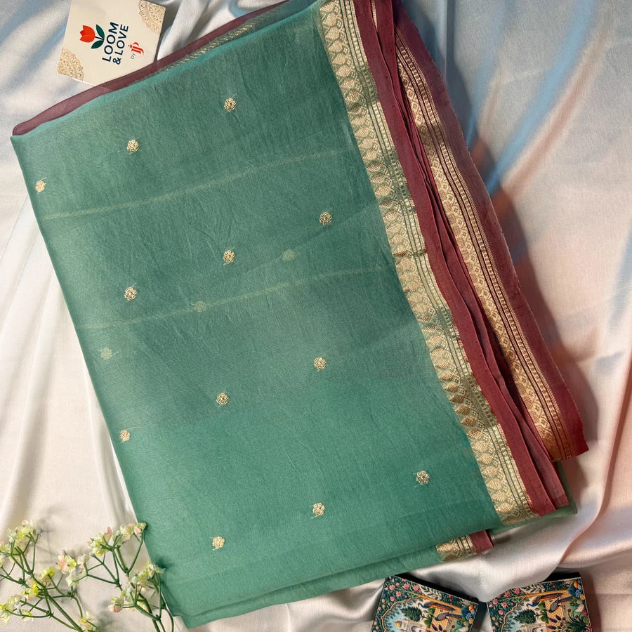 Pure Handwoven Kora Silk Banarasi Kadhwa Saree – Pastel Green & Mauve Pink
