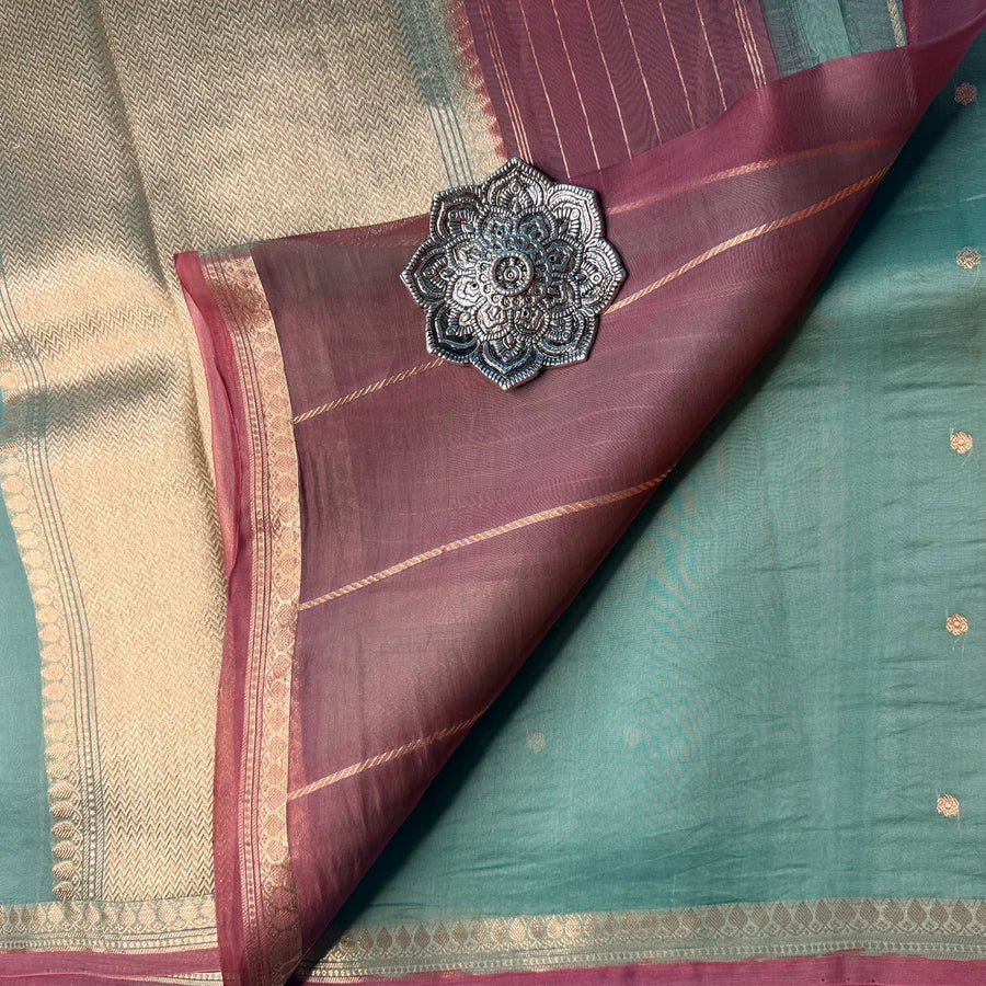 Pure Handwoven Kora Silk Banarasi Kadhwa Saree – Pastel Green & Mauve Pink