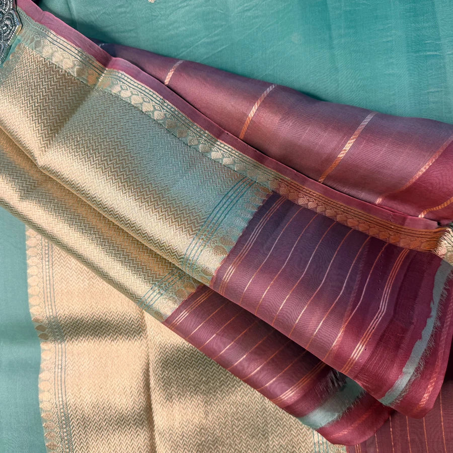 Pure Handwoven Kora Silk Banarasi Kadhwa Saree – Pastel Green & Mauve Pink