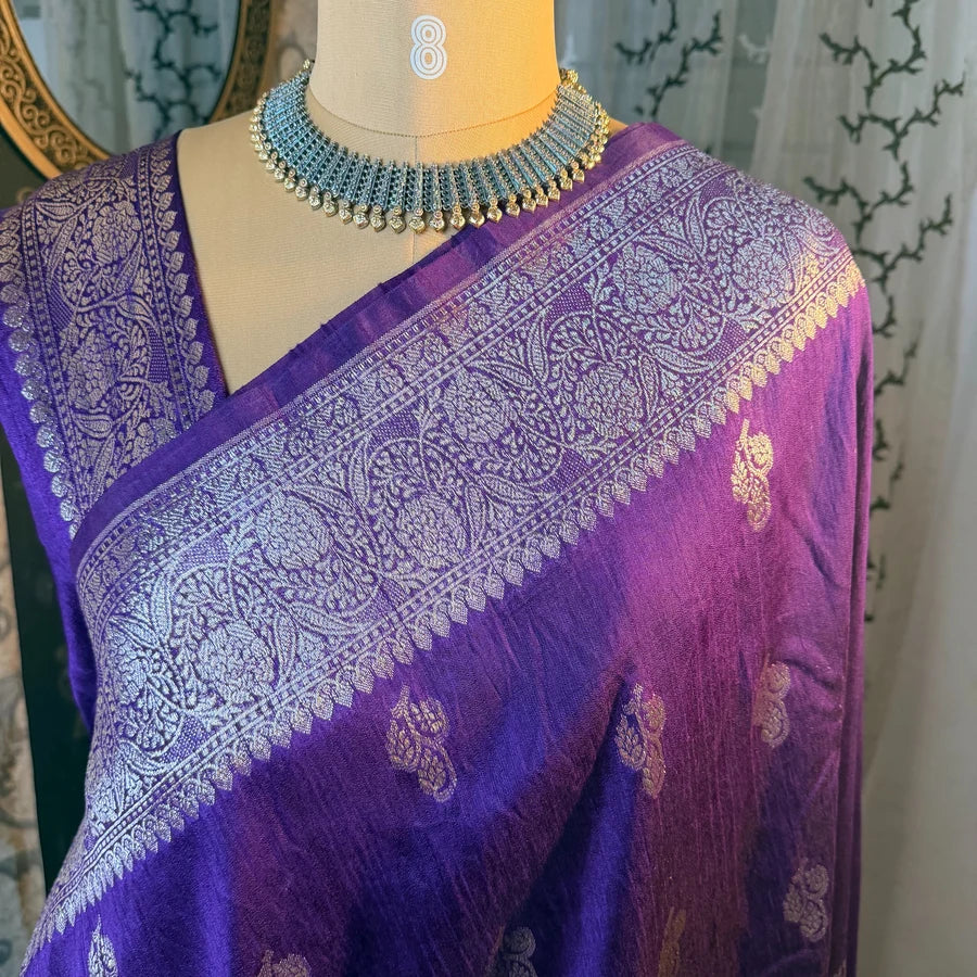 Pure Handwoven Raw Silk Banarasi Saree – Royal Purple with Silver Zari