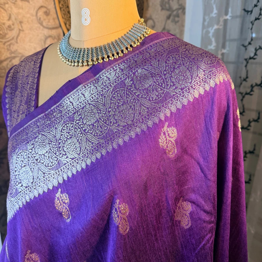 Pure Handwoven Raw Silk Banarasi Saree – Royal Purple with Silver Zari