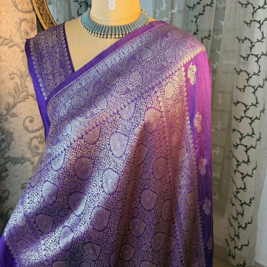 Pure Handwoven Raw Silk Banarasi Saree – Royal Purple with Silver Zari