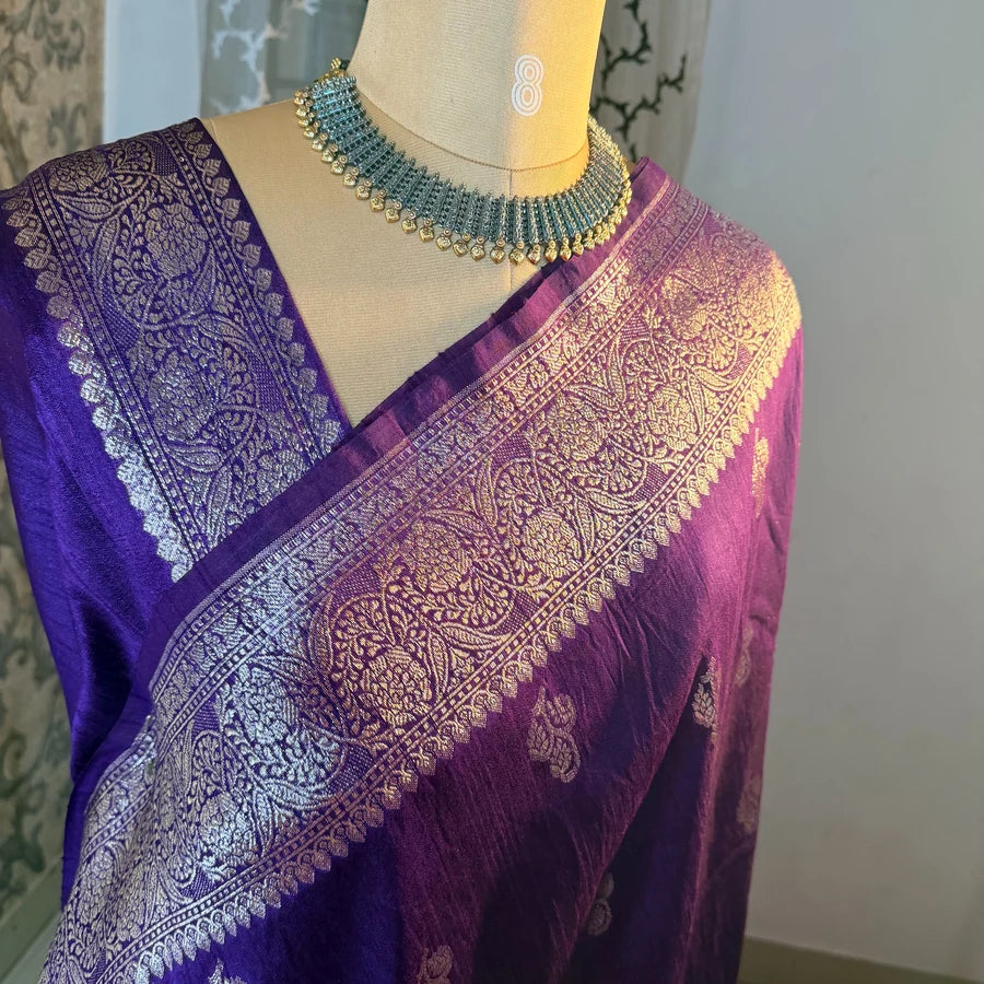 Pure Handwoven Raw Silk Banarasi Saree – Royal Purple with Silver Zari