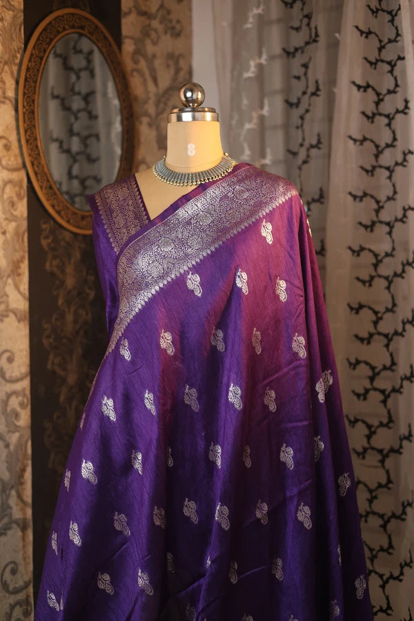 Pure Handwoven Raw Silk Banarasi Saree – Royal Purple with Silver Zari