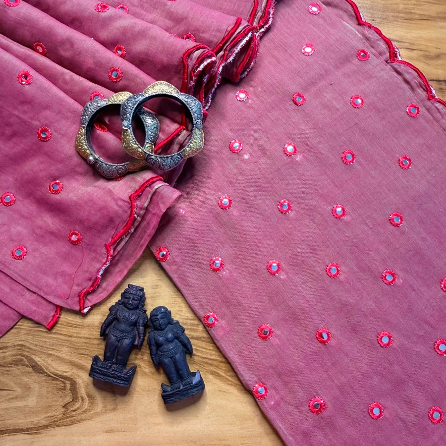 Pure Mul Cotton Saree with Foil Mirror Embroidery – Onion Pink