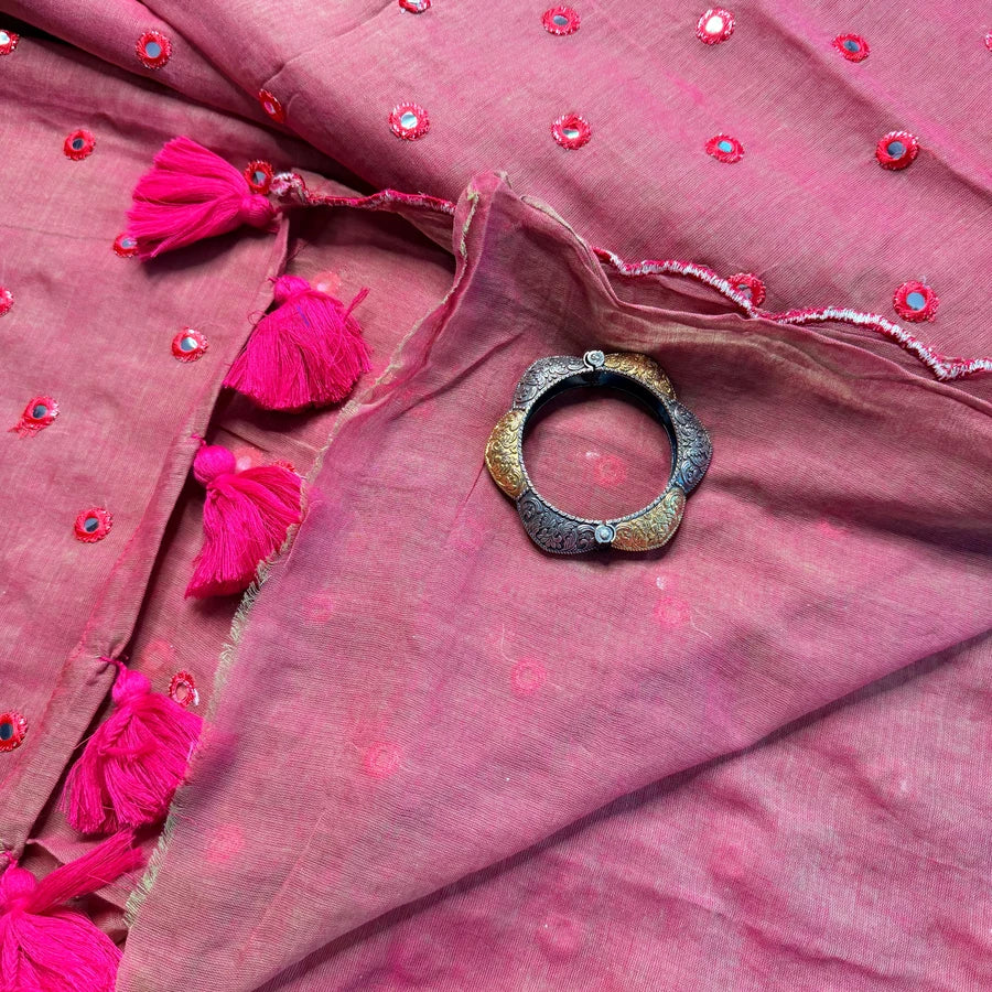 Pure Mul Cotton Saree with Foil Mirror Embroidery – Onion Pink