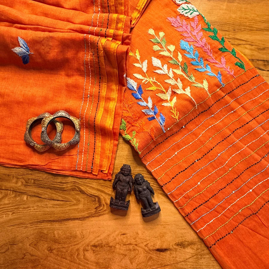 Pure Mul Cotton Saree with Multicolour Embroidery – Orange