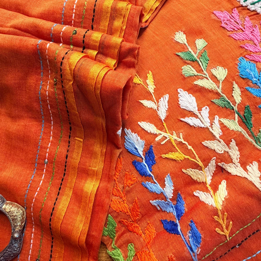 Pure Mul Cotton Saree with Multicolour Embroidery – Orange
