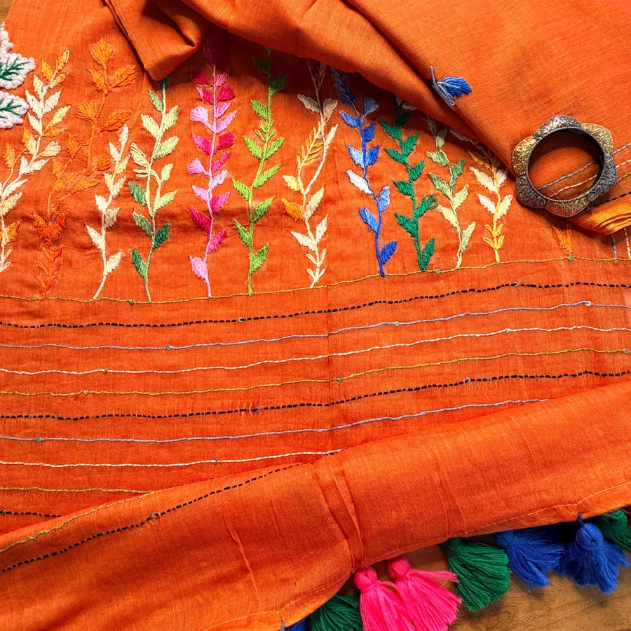 Pure Mul Cotton Saree with Multicolour Embroidery – Orange