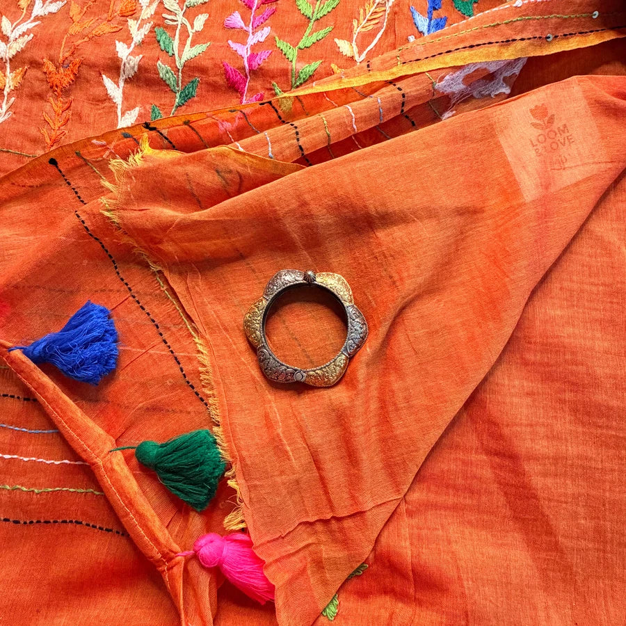 Pure Mul Cotton Saree with Multicolour Embroidery – Orange