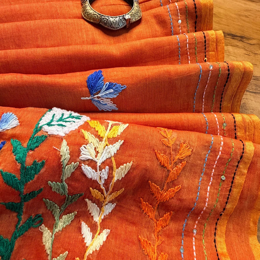 Pure Mul Cotton Saree with Multicolour Embroidery – Orange