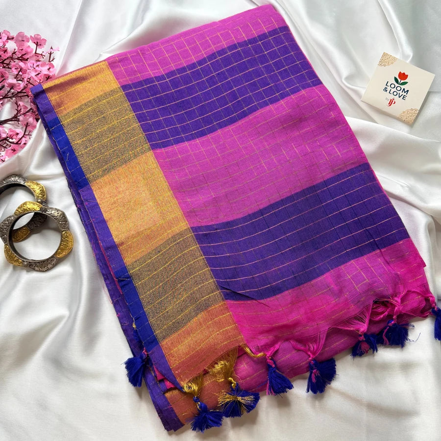 Pure Mul Mul Cotton Saree with Handwoven Golden Zari Checks – Rani Pink & Royal Blue
