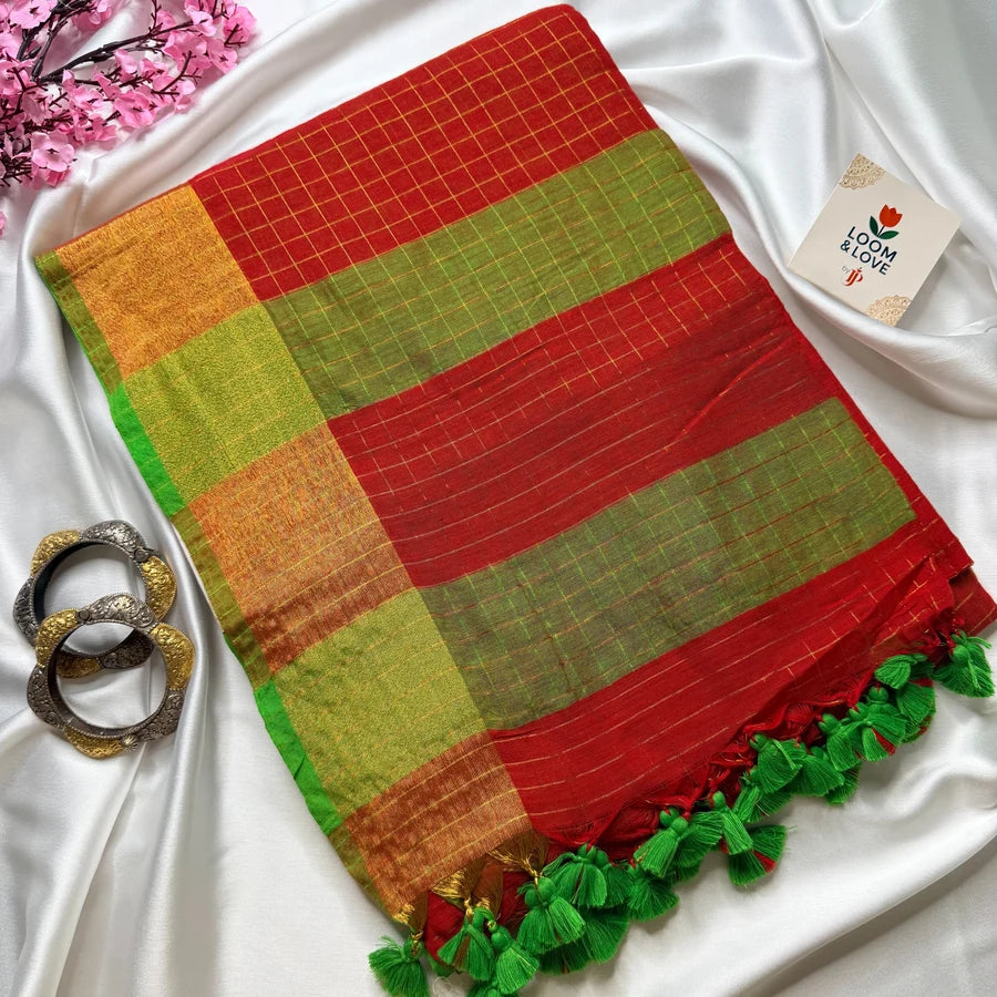 Pure Mul Mul Cotton Saree with Handwoven Golden Zari Checks – Vermilion Red & Parrot Green
