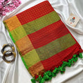 Pure Mul Mul Cotton Saree with Handwoven Golden Zari Checks – Vermilion Red & Parrot Green