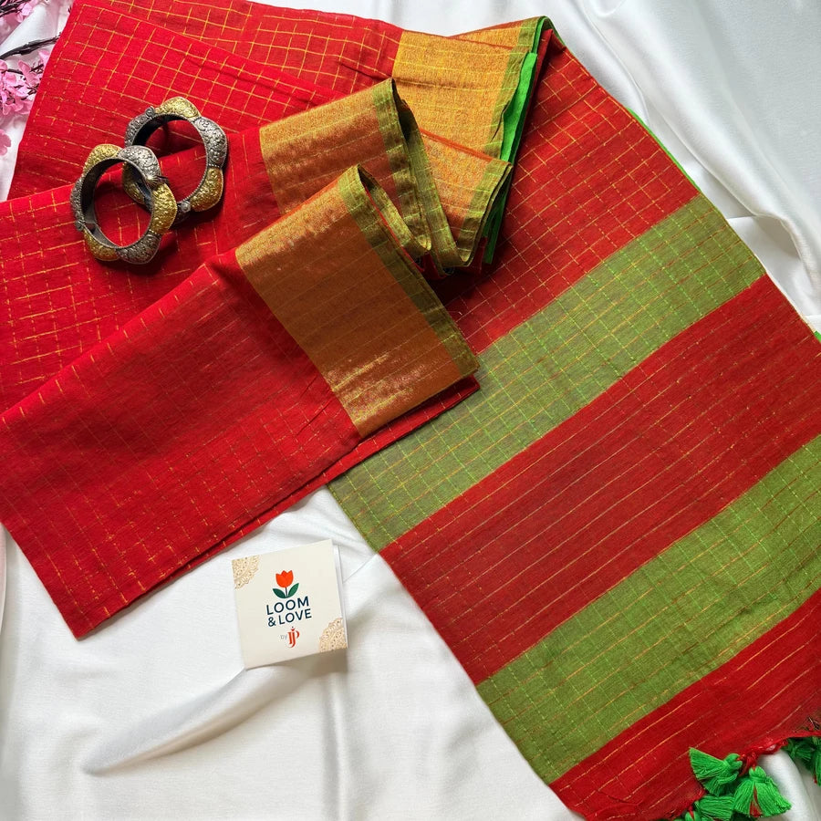 Pure Mul Mul Cotton Saree with Handwoven Golden Zari Checks – Vermilion Red & Parrot Green