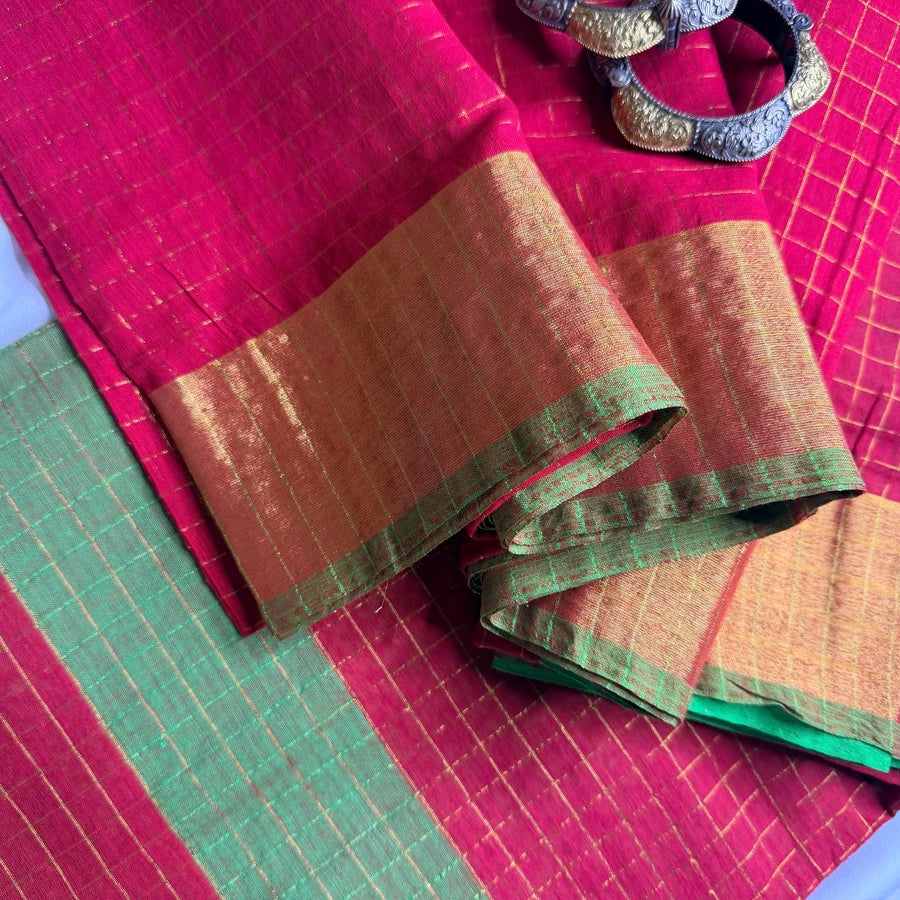 Pure Mul Mul Cotton Saree with Handwoven Golden Zari Checks – Vermilion Red & Parrot Green
