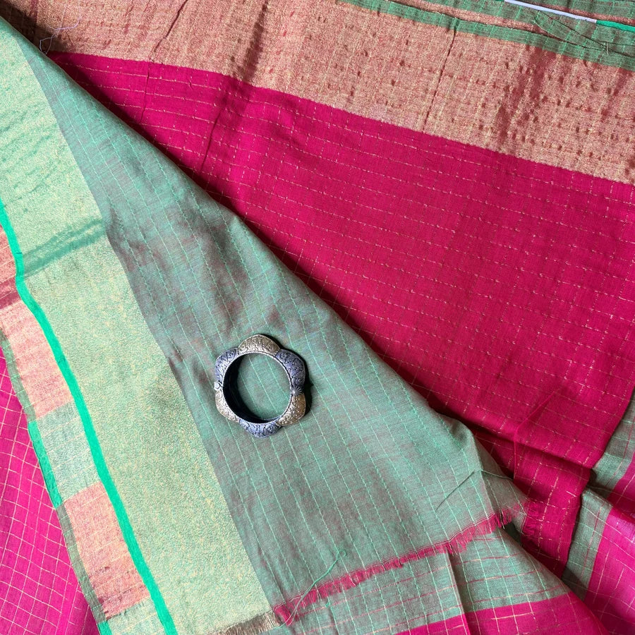 Pure Mul Mul Cotton Saree with Handwoven Golden Zari Checks – Vermilion Red & Parrot Green
