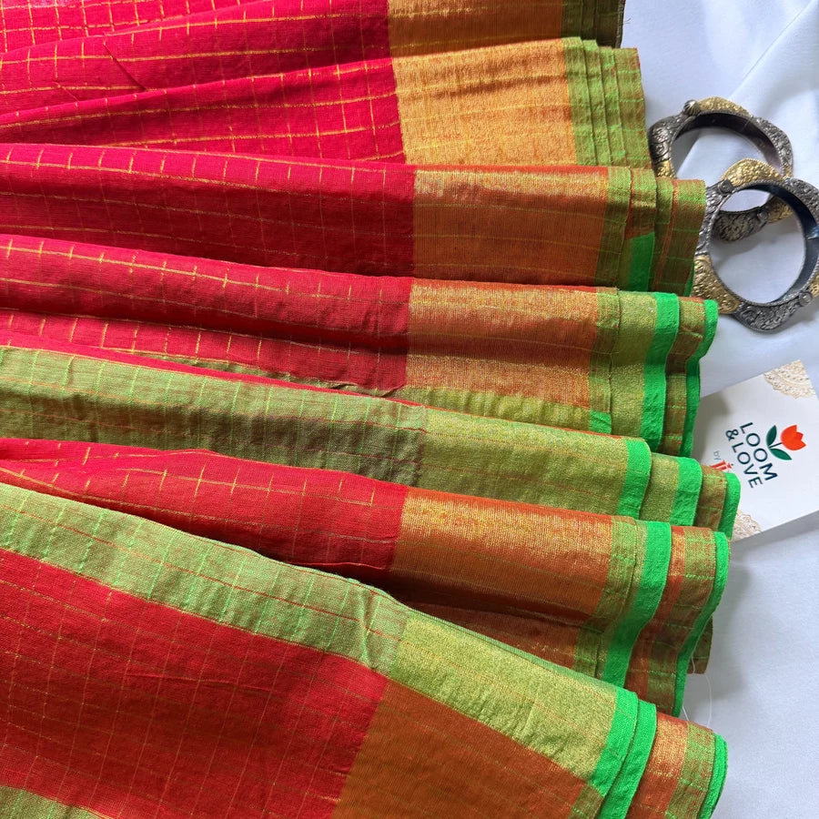 Pure Mul Mul Cotton Saree with Handwoven Golden Zari Checks – Vermilion Red & Parrot Green
