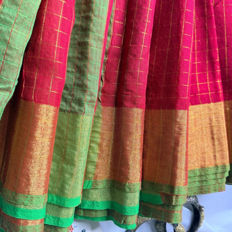 Pure Mul Mul Cotton Saree with Handwoven Golden Zari Checks – Vermilion Red & Parrot Green