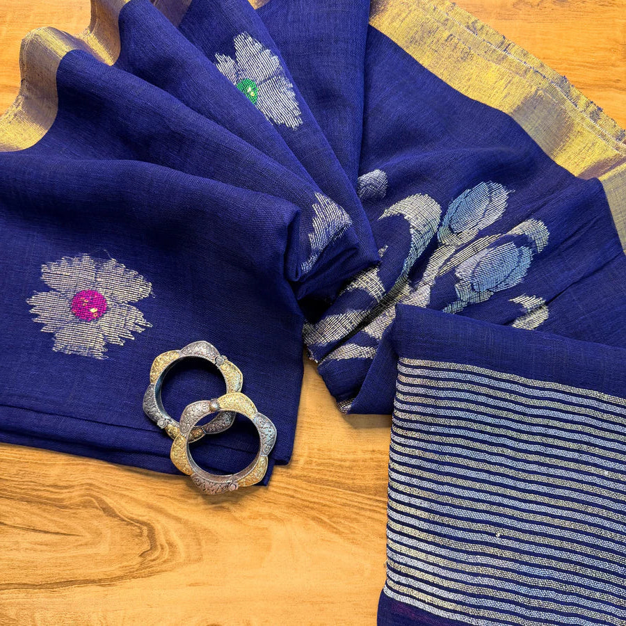 Purple Floral Jamdani Organic Linen Saree