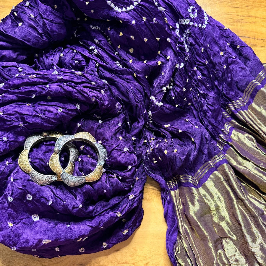 Purple Hand Bandhini with Tissue Pallu