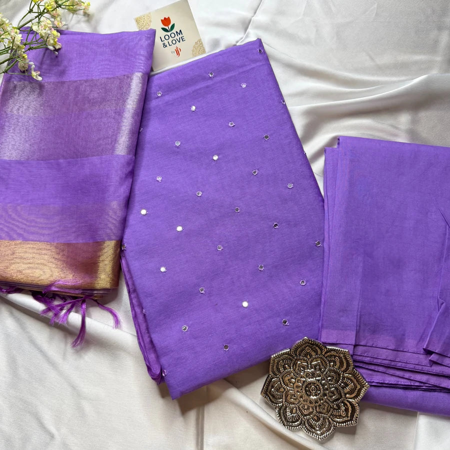 Purple Mul Chanderi Mirror Embroidered 3-Piece Suit Set