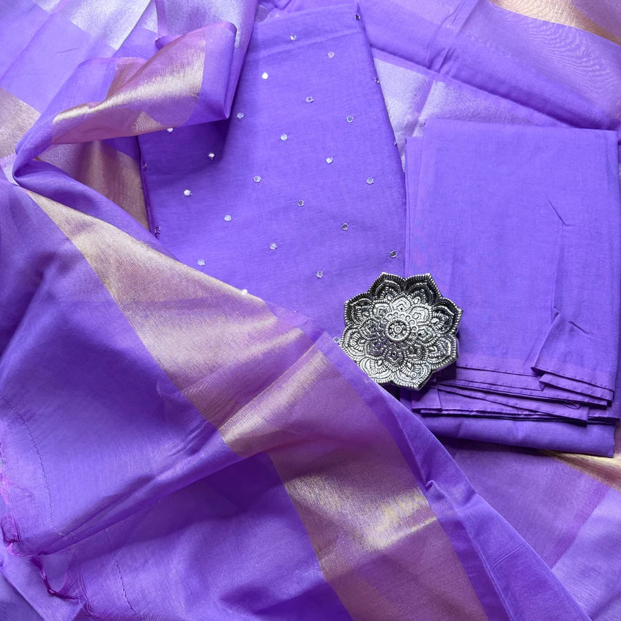 Purple Mul Chanderi Mirror Embroidered 3-Piece Suit Set