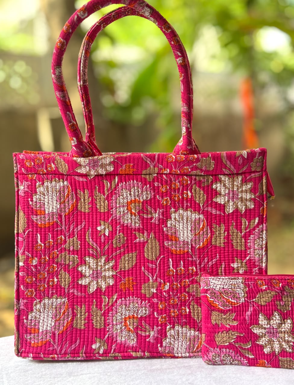 Rani Pink Bloom Handblock Laptop Tote
