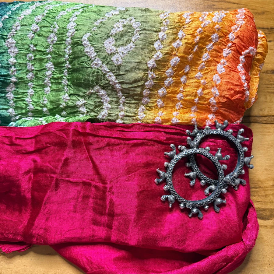 Rani Pink Hand Bandhini with Multicolour Tissue Pallu