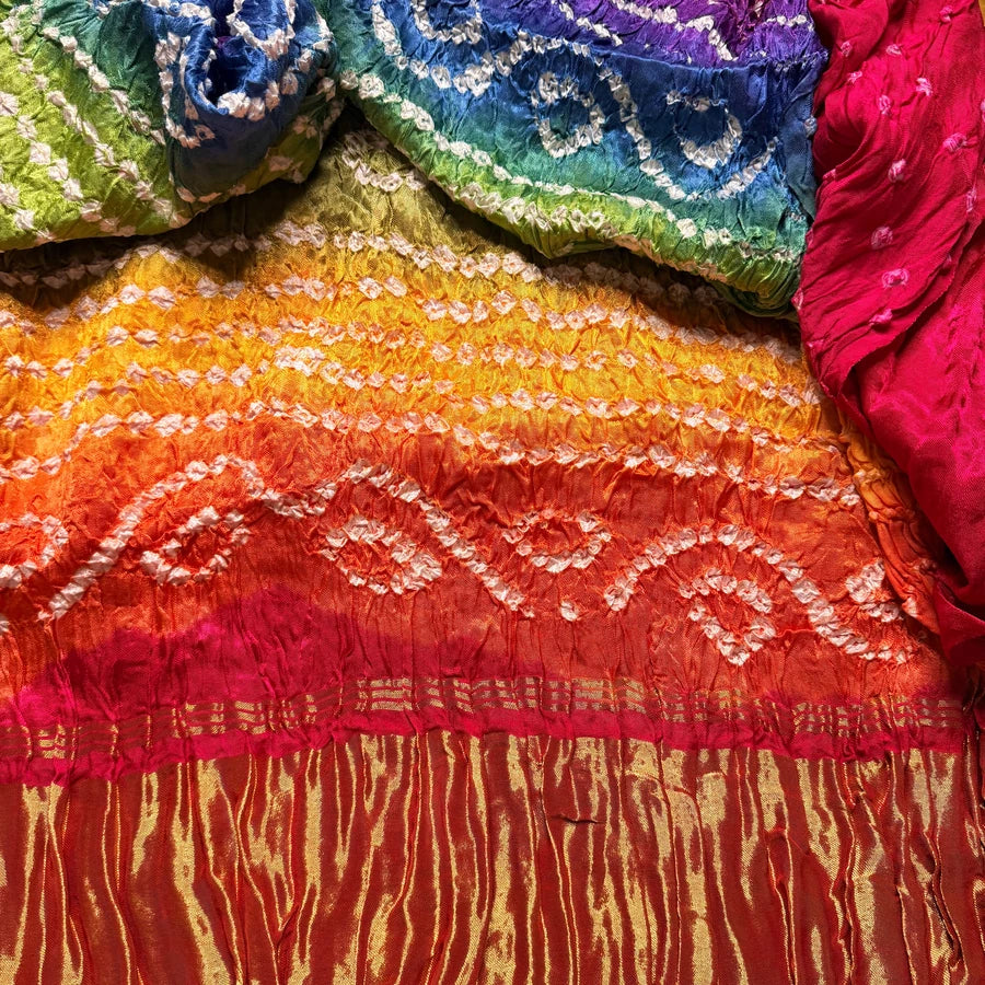 Rani Pink Hand Bandhini with Multicolour Tissue Pallu