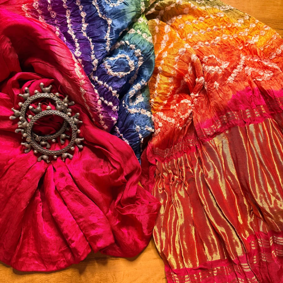 Rani Pink Hand Bandhini with Multicolour Tissue Pallu