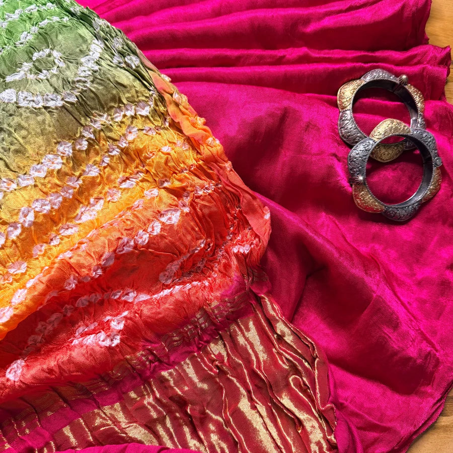 Rani Pink Hand Bandhini with Multicolour Tissue Pallu