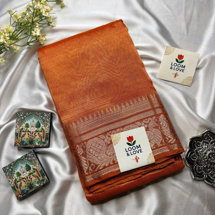Rust Orange Handloom Mangalagiri Pattu by Cotton Saree with Peacock Motif Silver Zari Border
