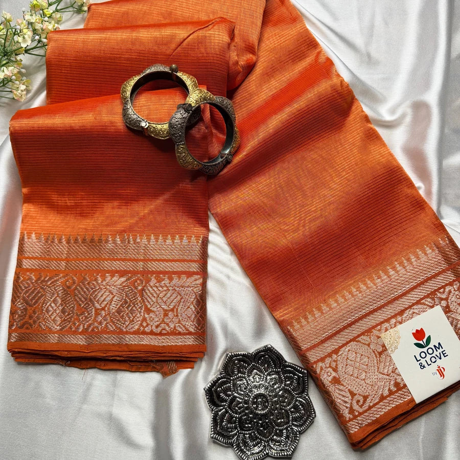 Rust Orange Handloom Mangalagiri Pattu by Cotton Saree with Peacock Motif Silver Zari Border