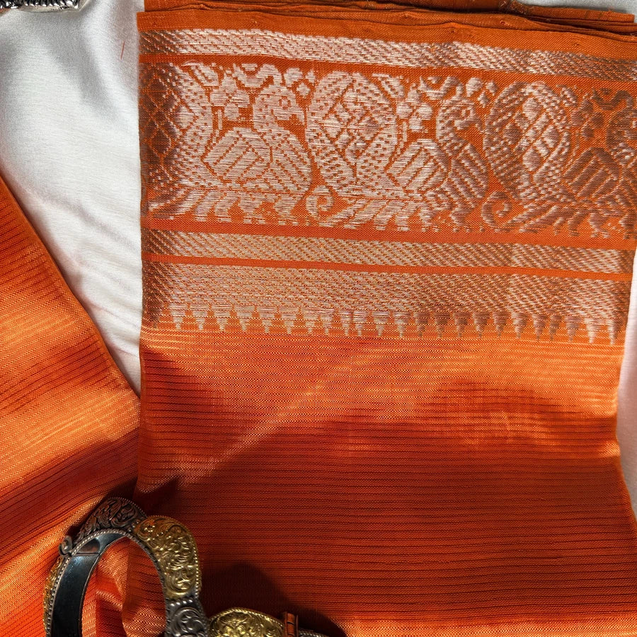 Rust Orange Handloom Mangalagiri Pattu by Cotton Saree with Peacock Motif Silver Zari Border