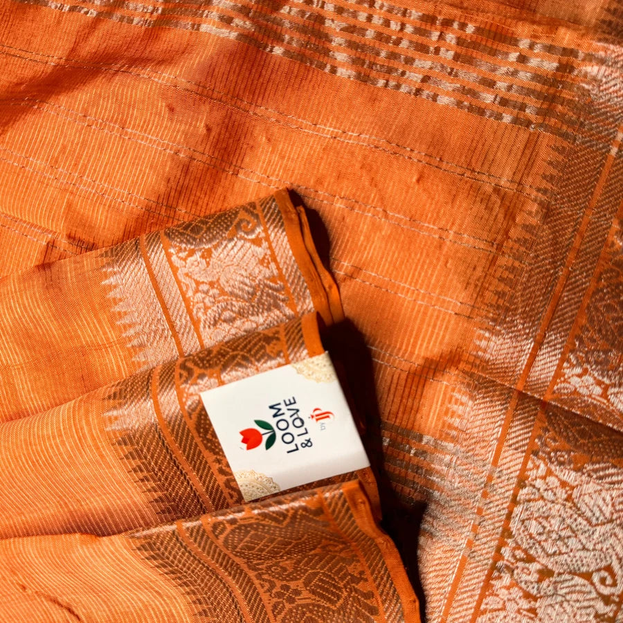 Rust Orange Handloom Mangalagiri Pattu by Cotton Saree with Peacock Motif Silver Zari Border