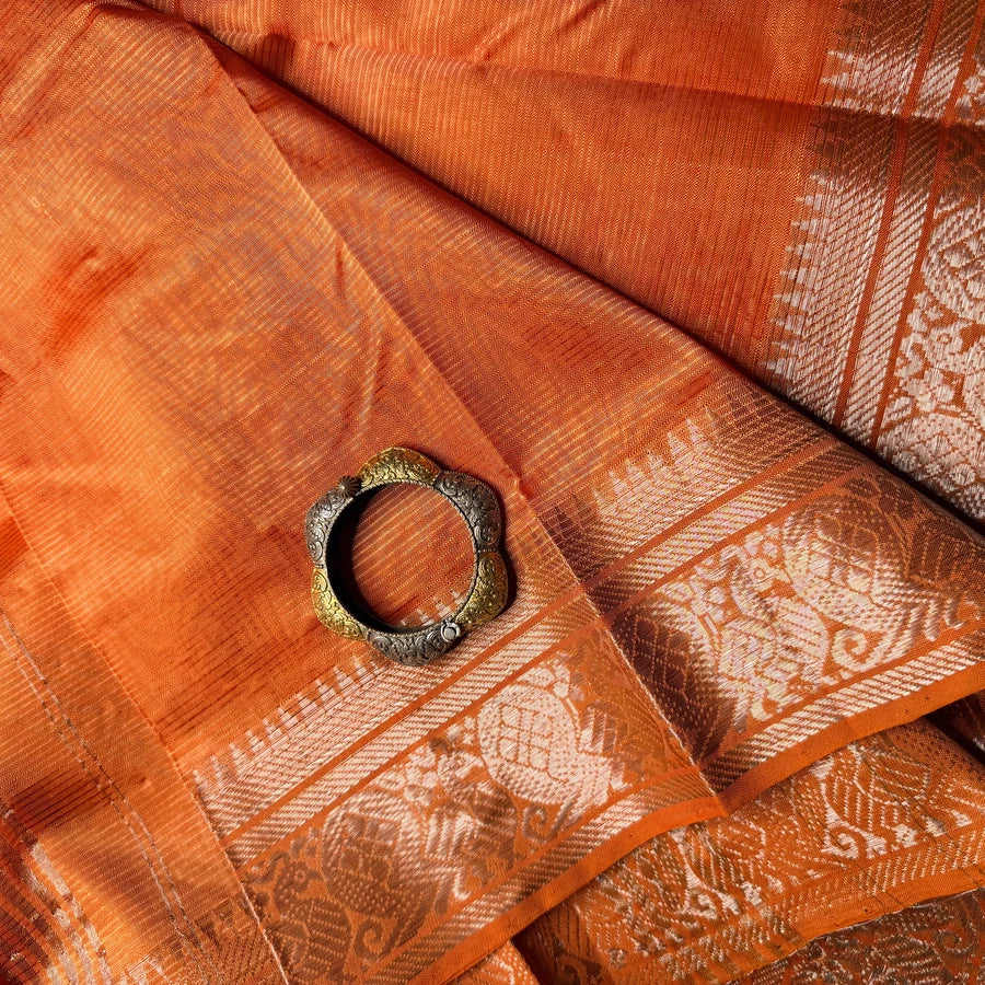 Rust Orange Handloom Mangalagiri Pattu by Cotton Saree with Peacock Motif Silver Zari Border