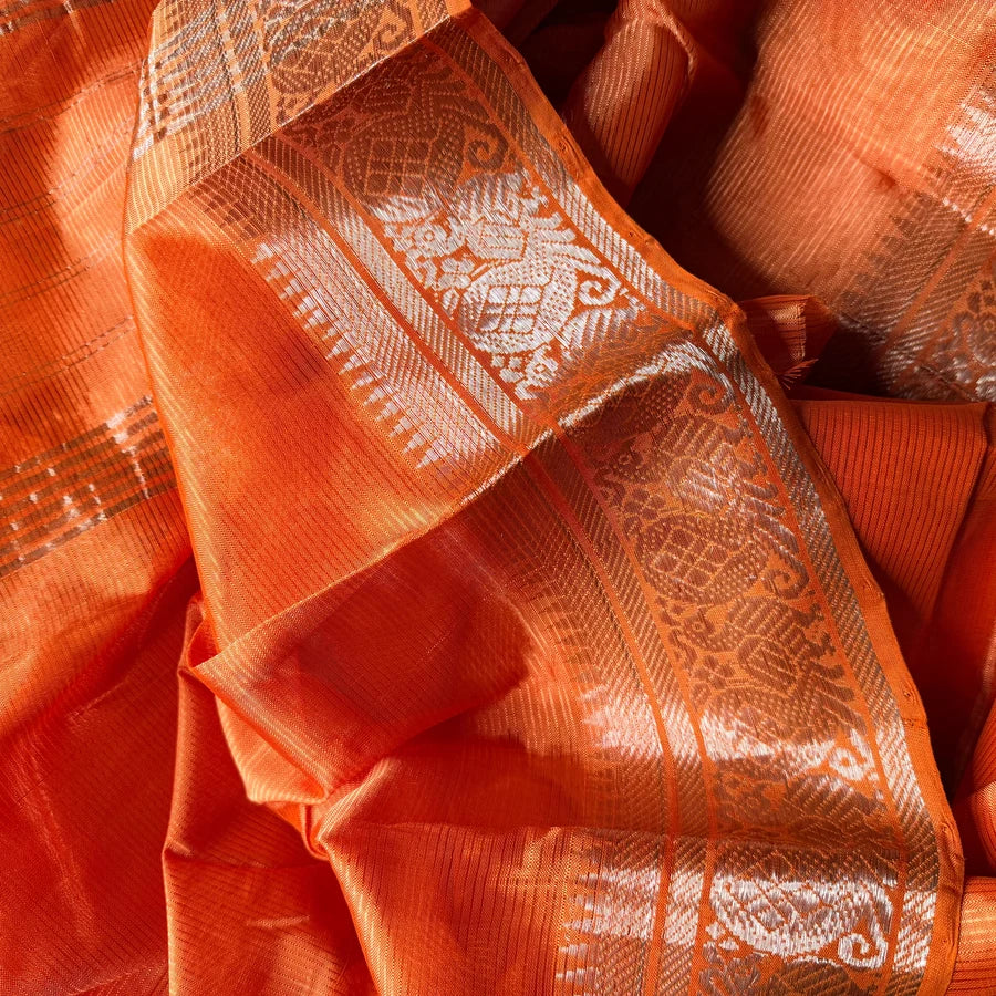 Rust Orange Handloom Mangalagiri Pattu by Cotton Saree with Peacock Motif Silver Zari Border