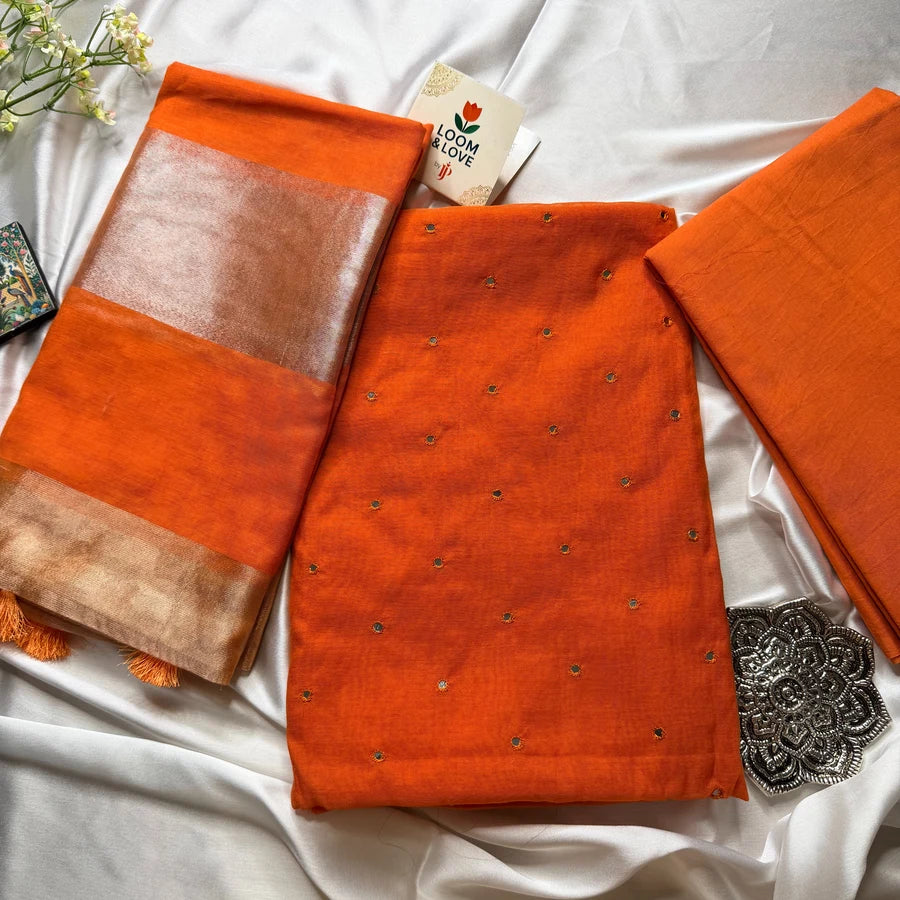 Rust Orange Mul Chanderi Mirror Embroidered 3-Piece Suit Set