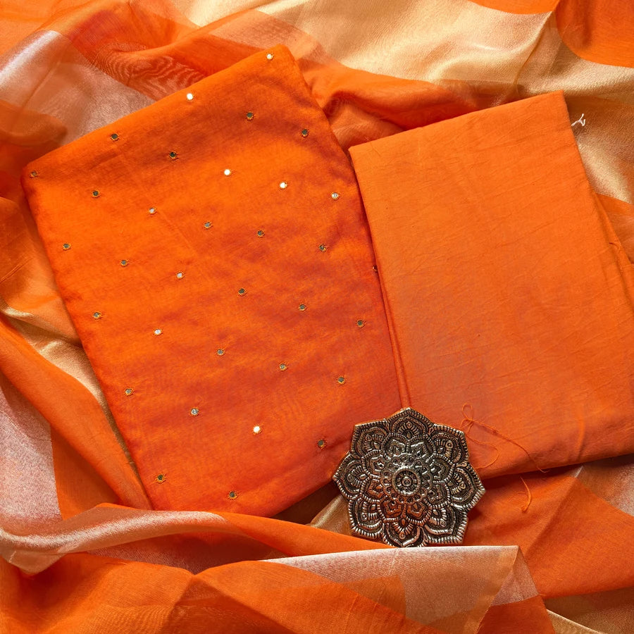 Rust Orange Mul Chanderi Mirror Embroidered 3-Piece Suit Set