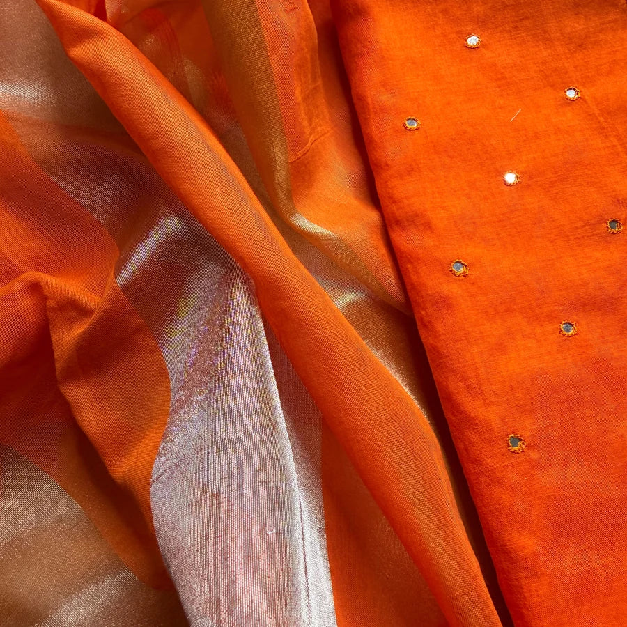 Rust Orange Mul Chanderi Mirror Embroidered 3-Piece Suit Set