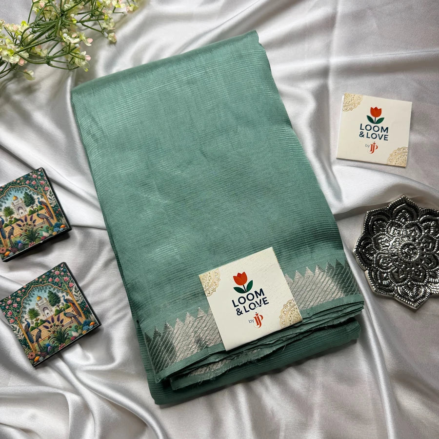 Sage Green Handloom Mangalagiri Pattu by Cotton Saree with Silver Zari Border