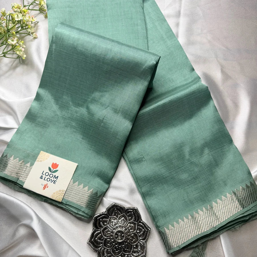 Sage Green Handloom Mangalagiri Pattu by Cotton Saree with Silver Zari Border