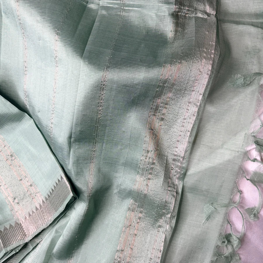 Sage Green Handloom Mangalagiri Pattu by Cotton Saree with Silver Zari Border
