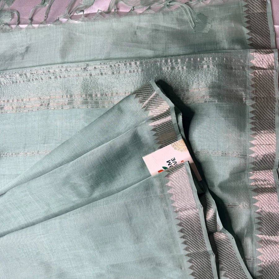 Sage Green Handloom Mangalagiri Pattu by Cotton Saree with Silver Zari Border