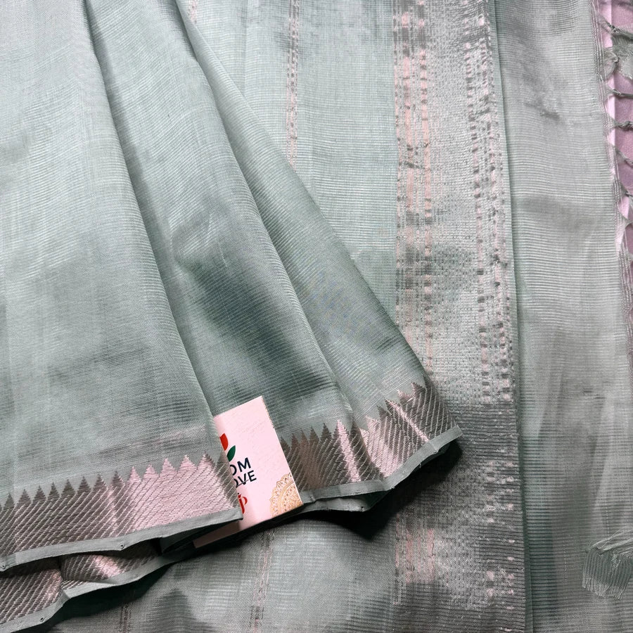 Sage Green Handloom Mangalagiri Pattu by Cotton Saree with Silver Zari Border