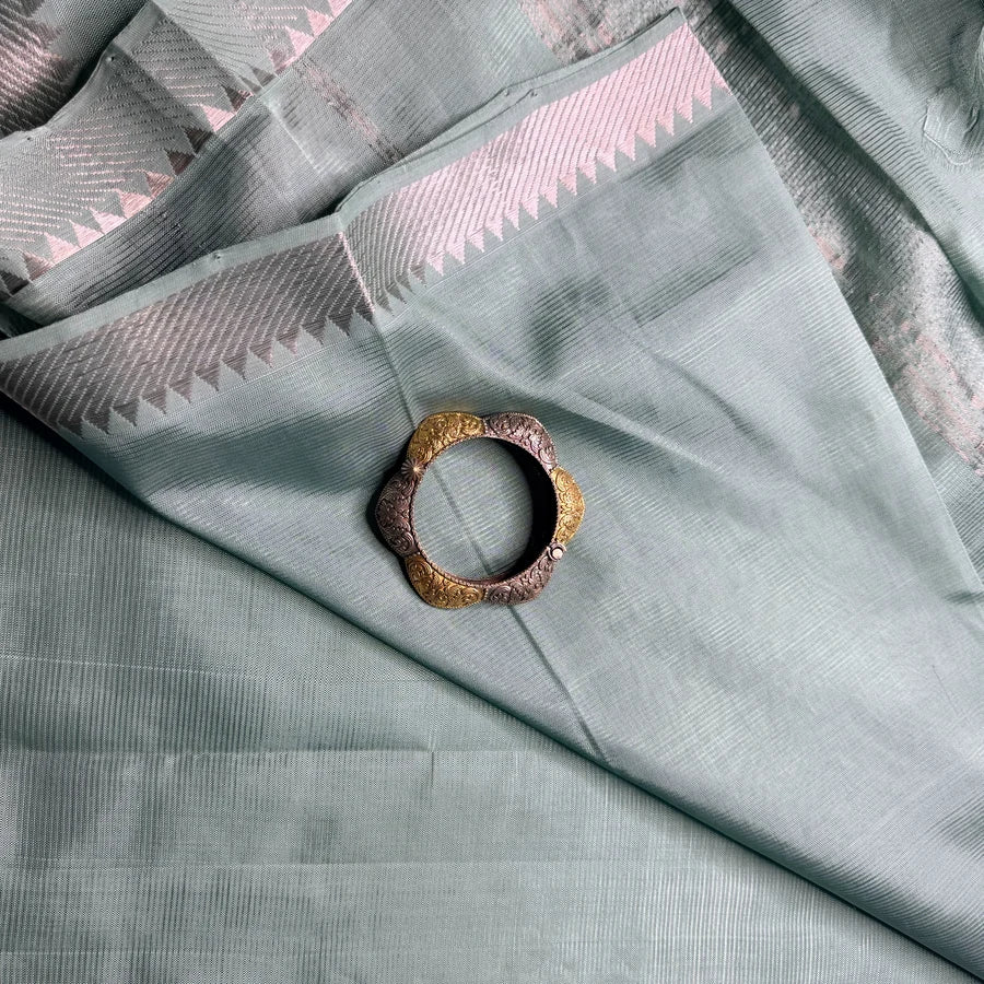 Sage Green Handloom Mangalagiri Pattu by Cotton Saree with Silver Zari Border